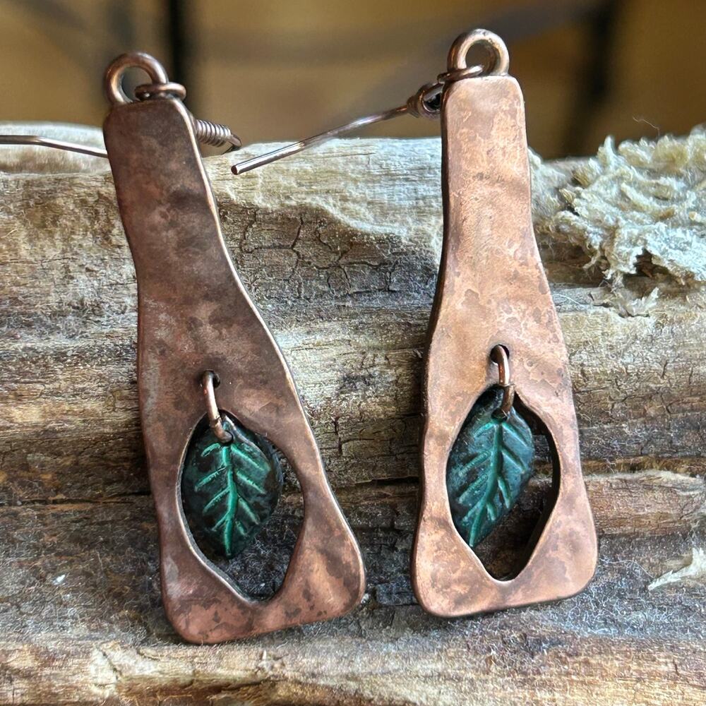 Vintage handcrafted copper earrings hammered texture dangling leaf